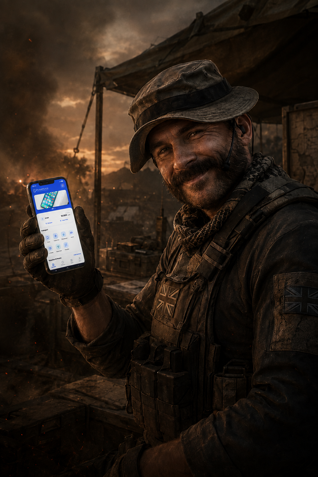 Captain Price tersenyum sambil memegang ponsel di suasana pos komando.